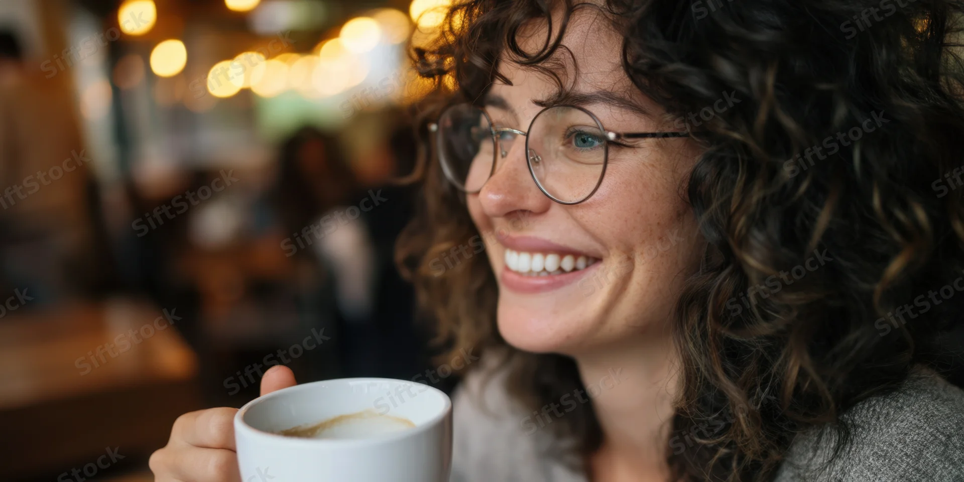 Smiling woman holding coffee cup in a cozy cafe interior