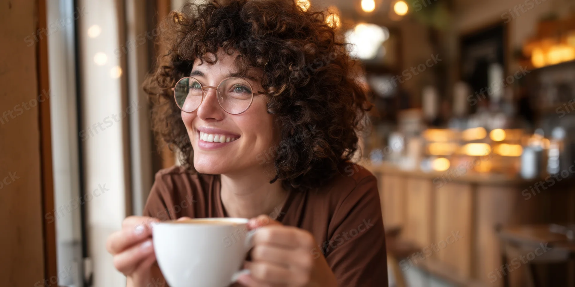 Woman smiling while holding a coffee cup in a cozy cafe interior