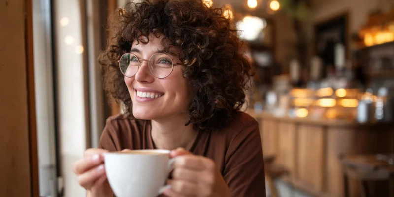 Woman smiling while holding a coffee cup in a cozy cafe interior