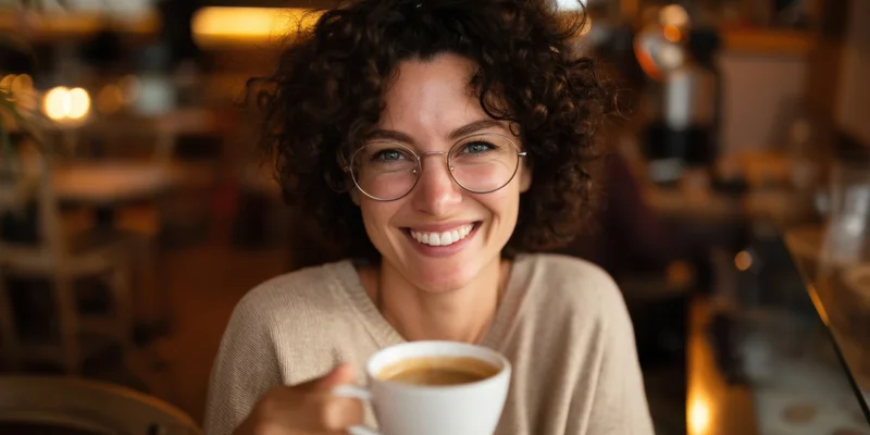 Smiling woman holding a coffee cup in a cozy cafe interior