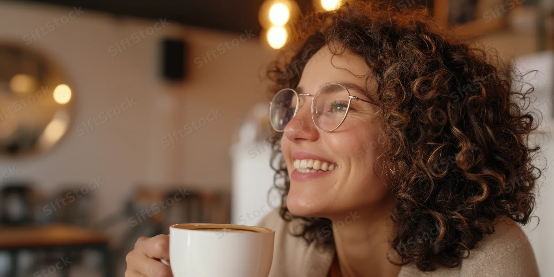 Smiling woman with curly hair and round glasses holding a coffee cup in a cozy cafe interior