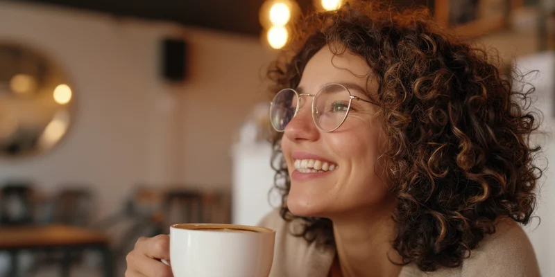 Smiling woman with curly hair and round glasses holding a coffee cup in a cozy cafe interior