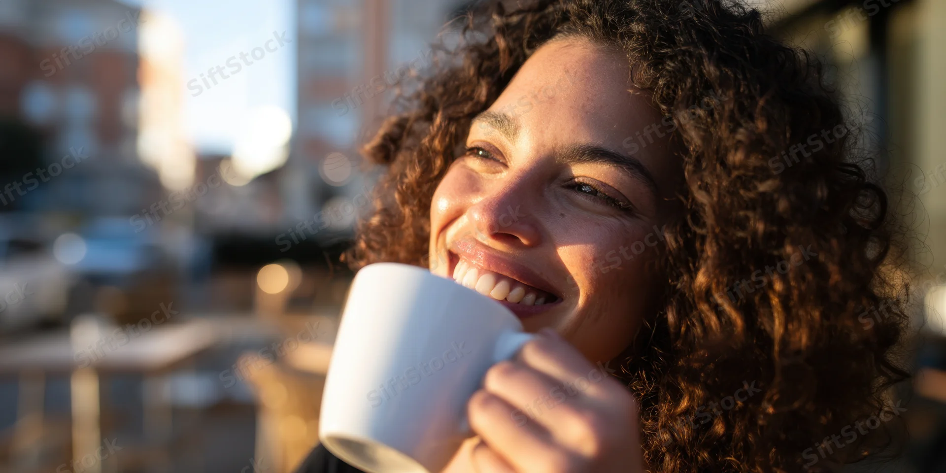 Smiling woman with curly hair holding a white coffee mug at an outdoor cafe in daylight