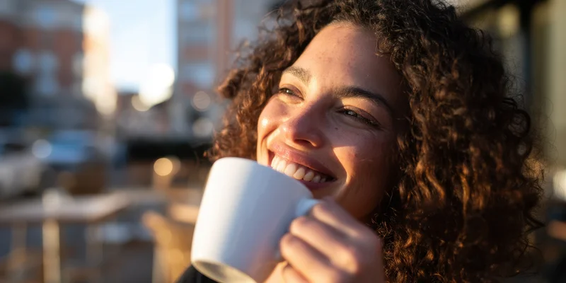 Smiling woman with curly hair holding a white coffee mug at an outdoor cafe in daylight