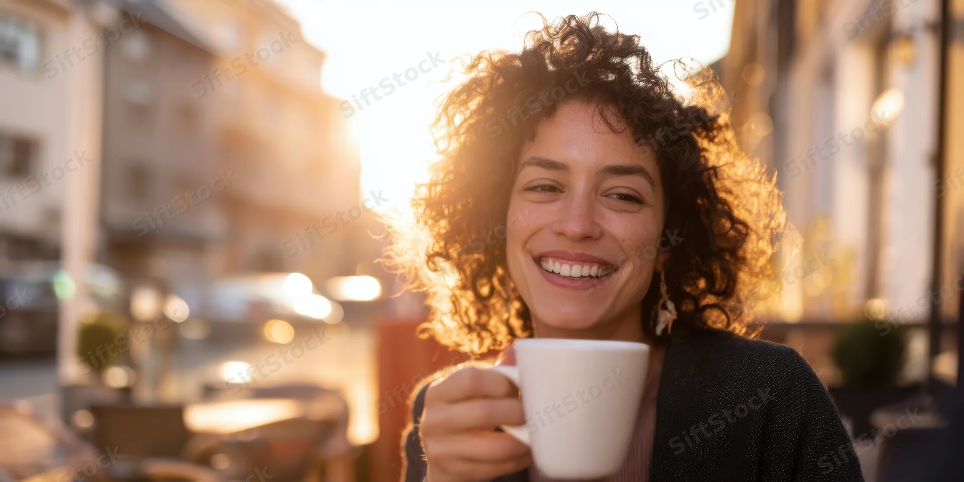 Smiling woman holding coffee cup at outdoor cafe in golden hour light