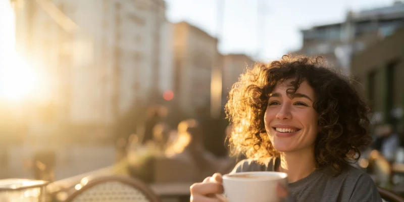 Smiling woman holding coffee cup at outdoor cafe in city sunlight