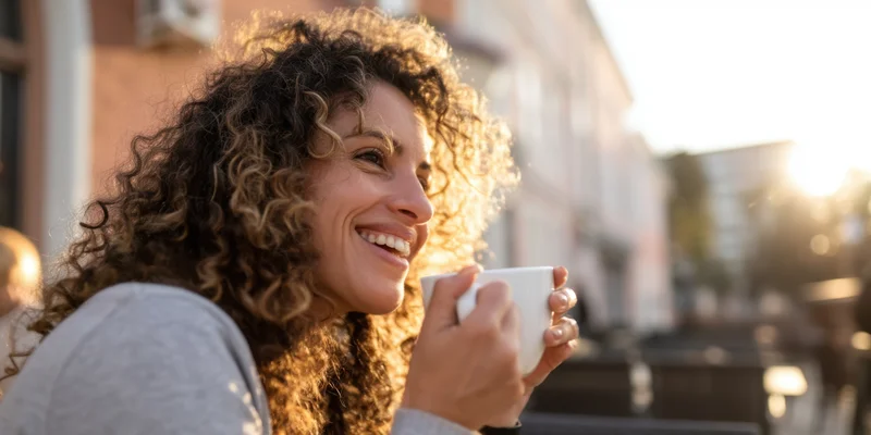 Smiling woman with curly hair holding a coffee cup at an outdoor cafe in warm sunlight