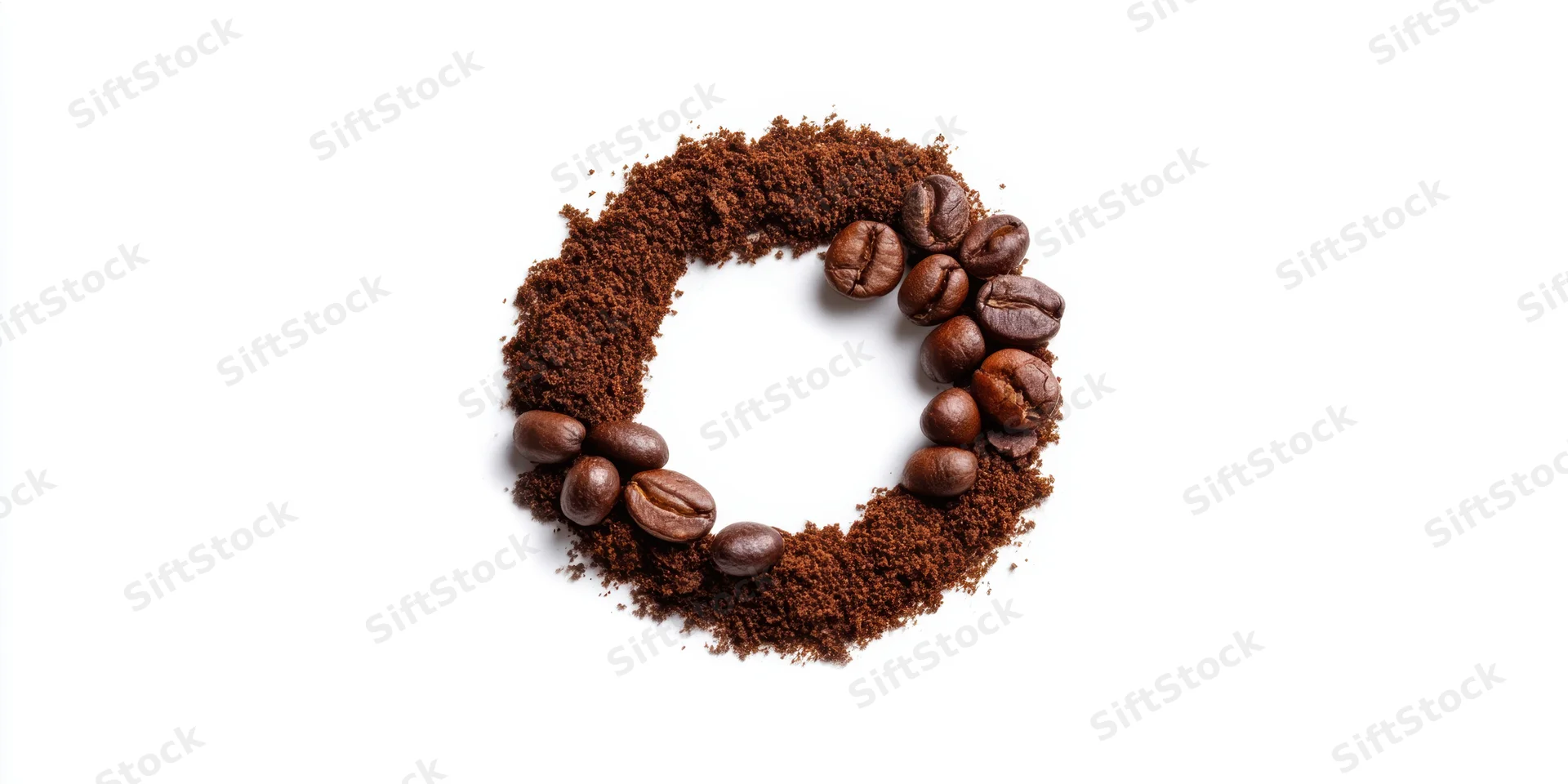 Circular ring of coffee beans and ground coffee on white background