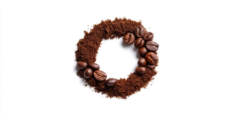 Circular ring of coffee beans and ground coffee on white background
