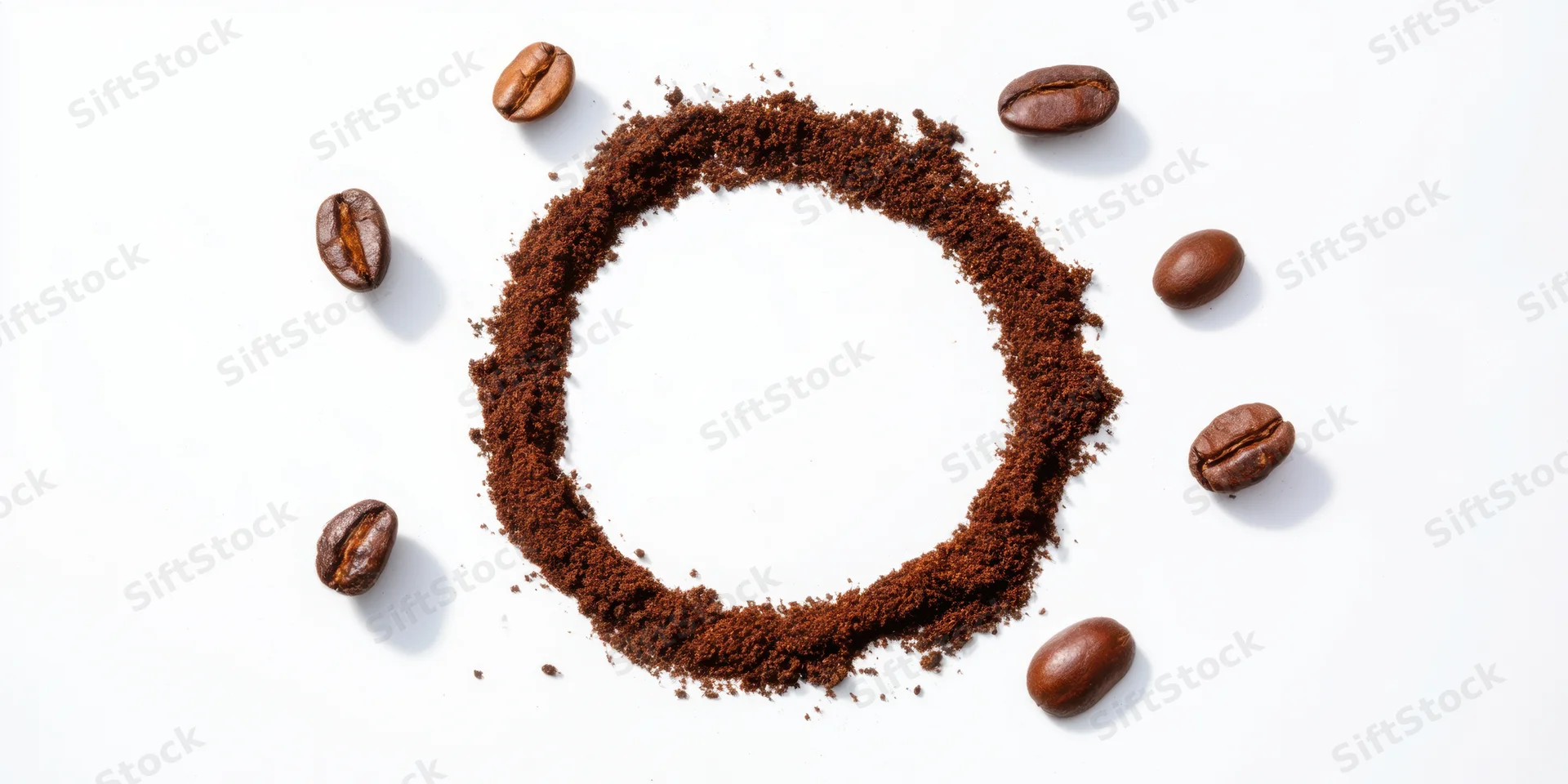 Circular ring of ground coffee with whole beans arranged around it on white background
