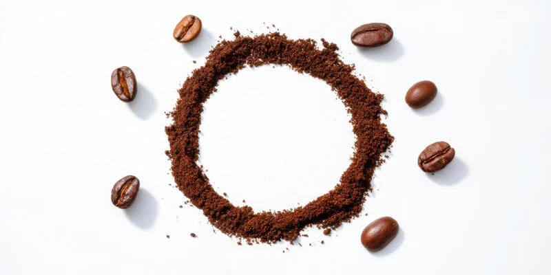 Circular ring of ground coffee with whole beans arranged around it on white background