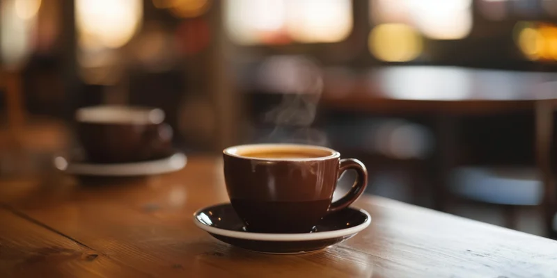 Steaming coffee cup on dark saucer on wooden table in cafe interior