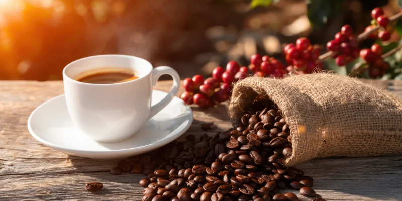 Steaming coffee cup on saucer beside burlap sack spilling roasted beans and red cherries on wooden table