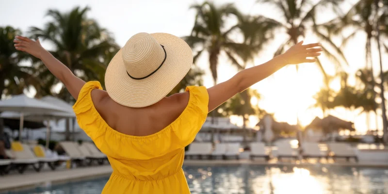 Woman in yellow dress with arms raised facing pool at sunset in tropical resort