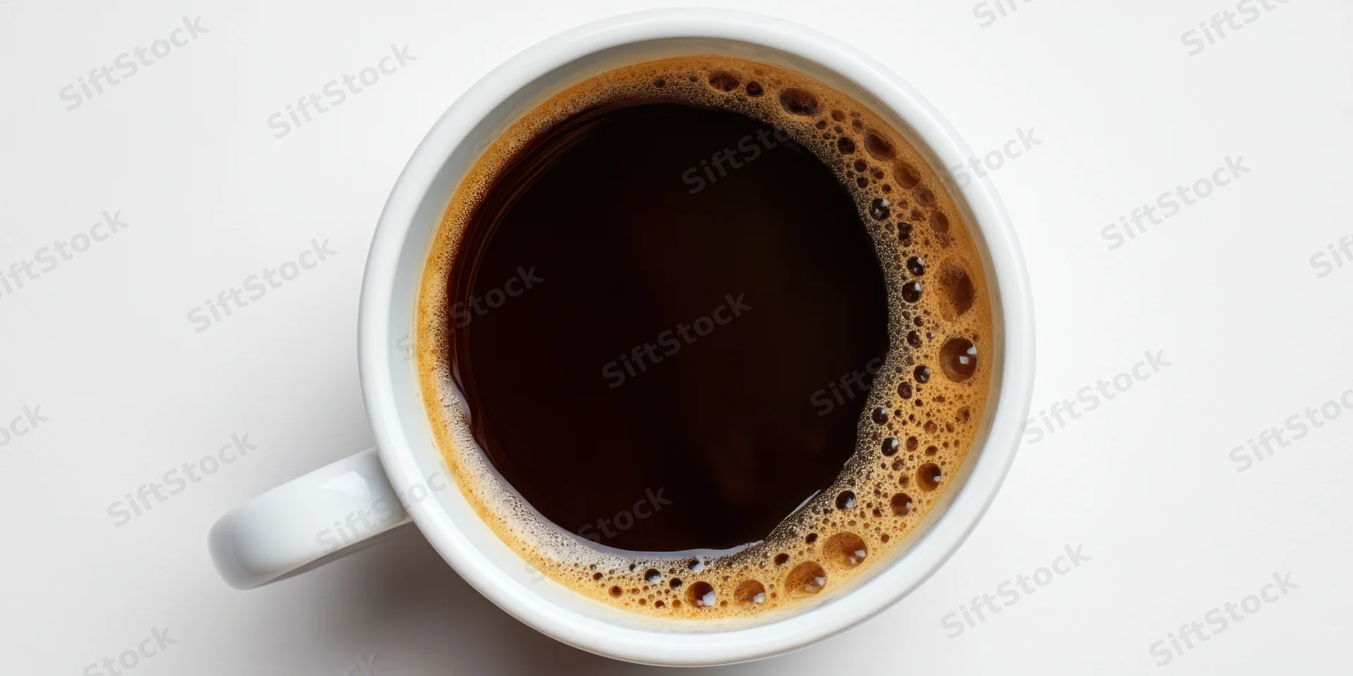 Top-down view of a white ceramic cup filled with dark coffee on a plain white surface