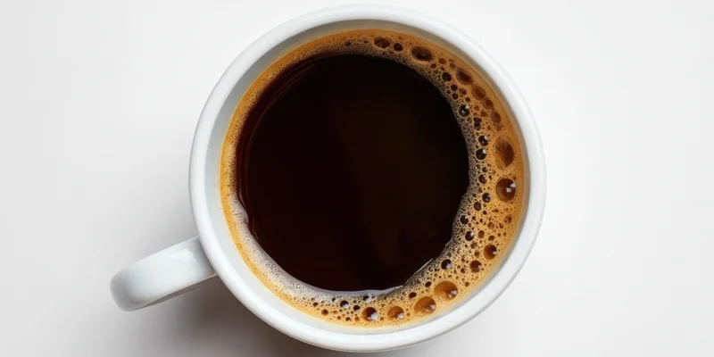 Top-down view of a white ceramic cup filled with dark coffee on a plain white surface