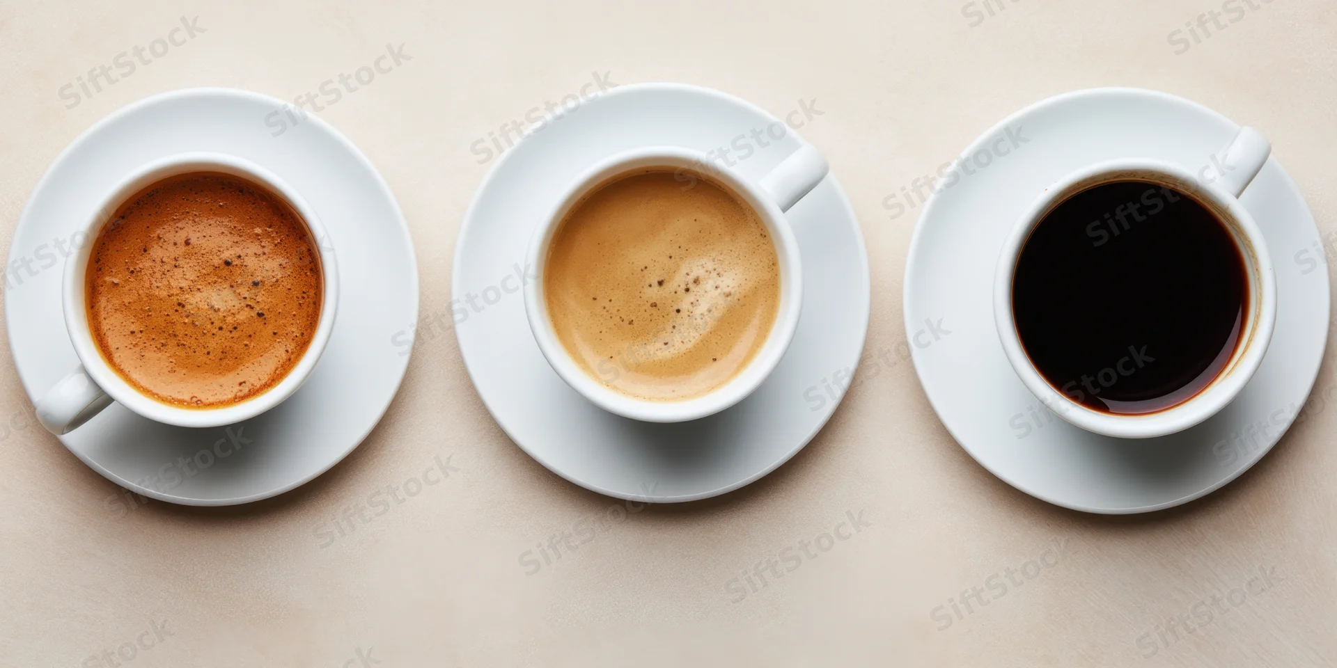 Three white ceramic coffee cups in a row on a light surface, each containing a different coffee type with visible foam and color variation