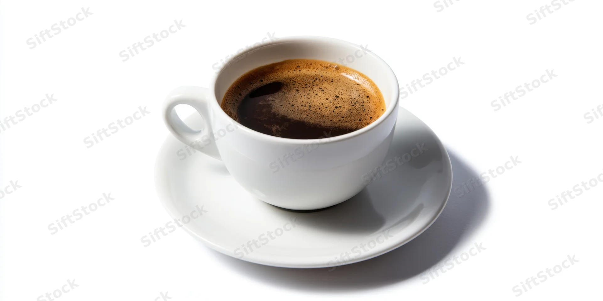 White ceramic coffee cup filled with espresso on matching saucer against white background