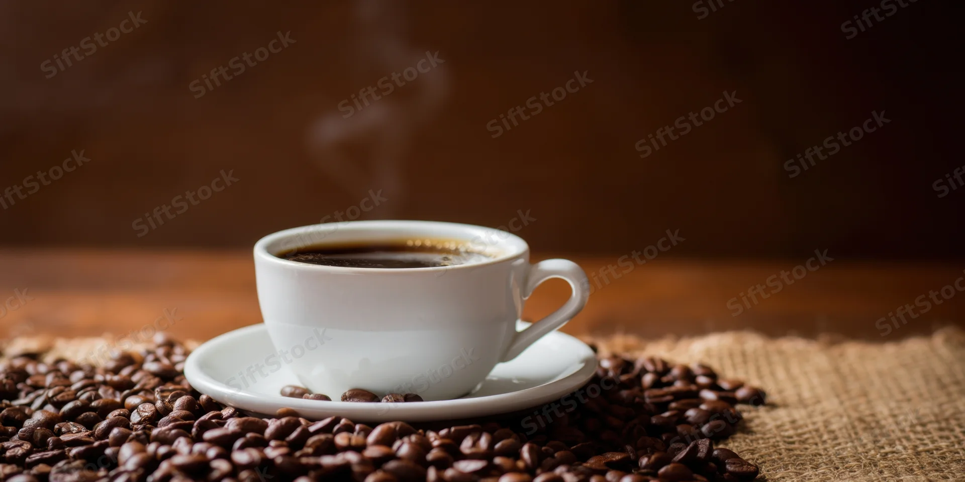Steaming coffee cup on saucer surrounded by roasted beans on burlap surface