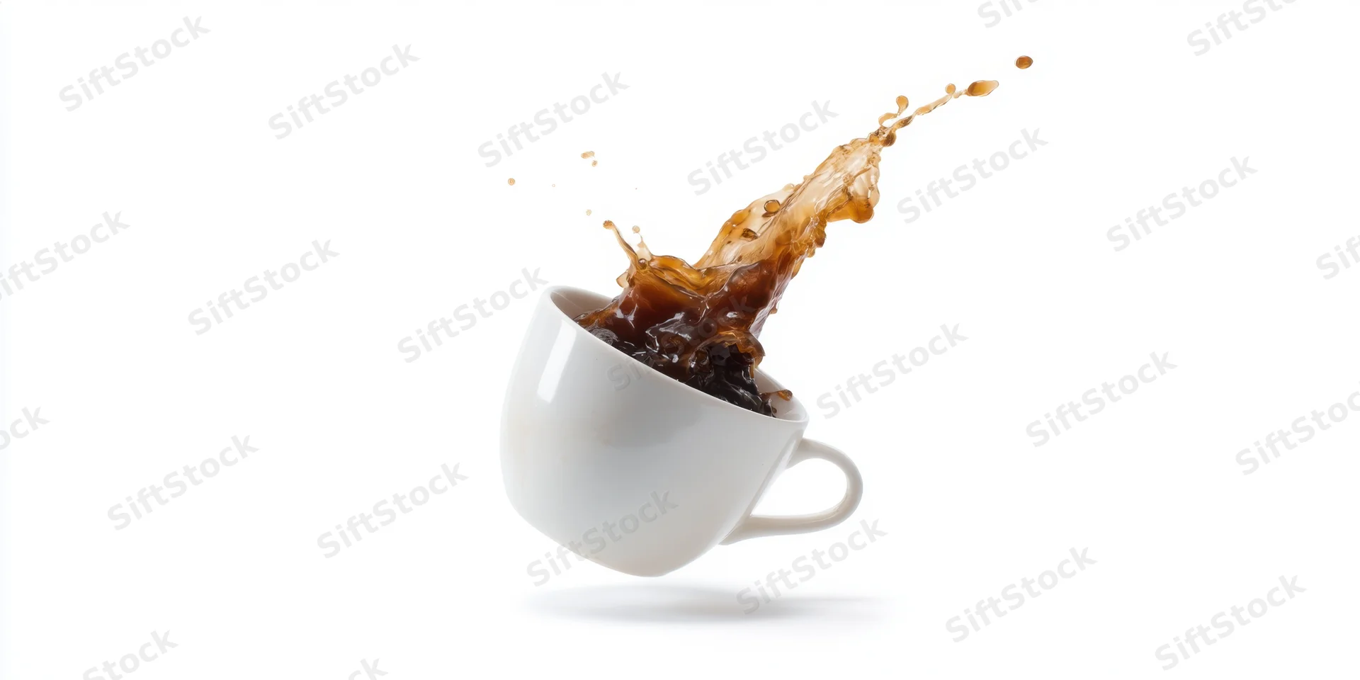 White ceramic coffee cup tilting with dark coffee splashing upward against white background