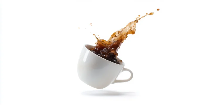 White ceramic coffee cup tilting with dark coffee splashing upward against white background