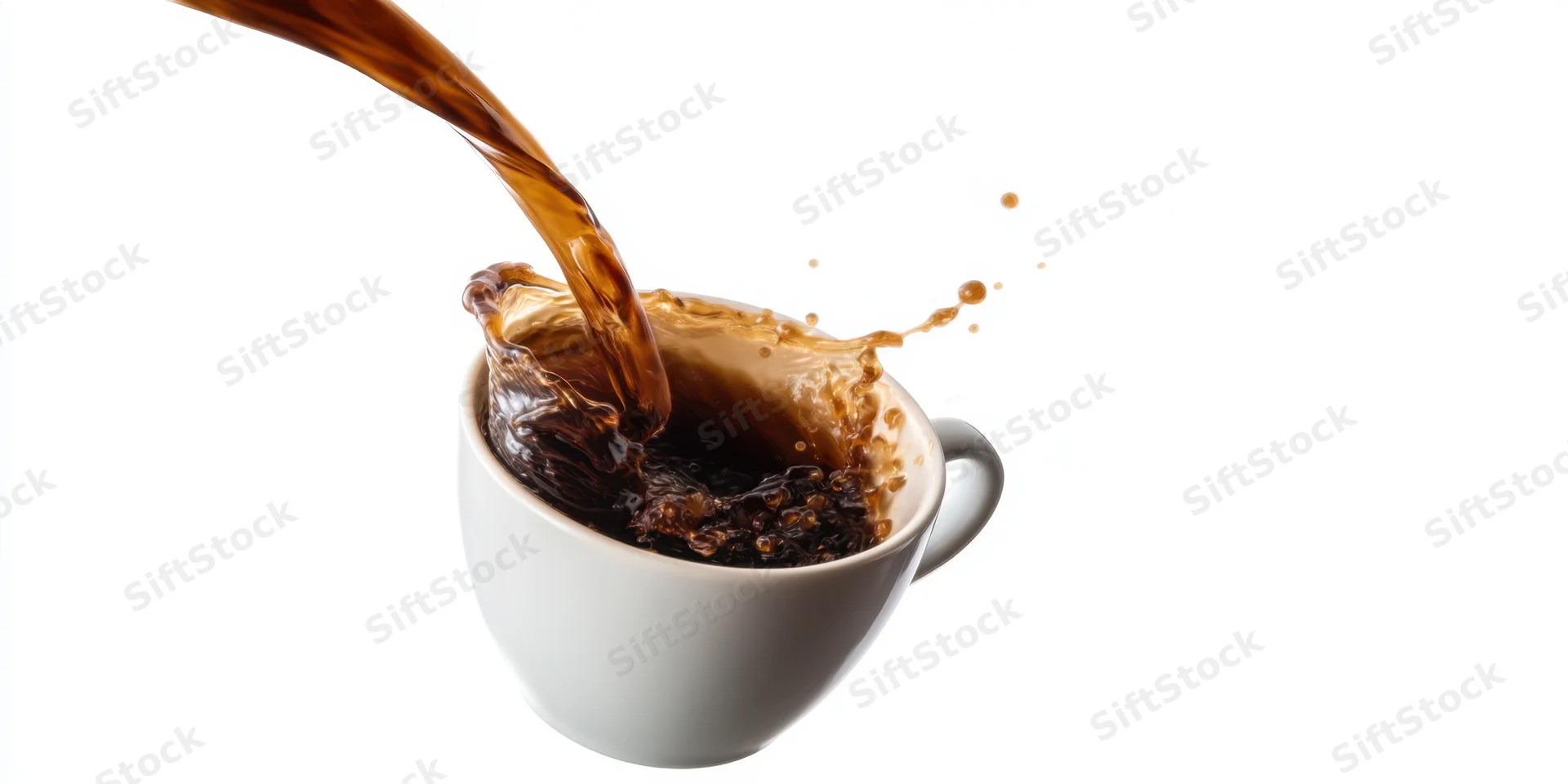 Dark coffee pouring into a white ceramic cup with splash and motion against white background