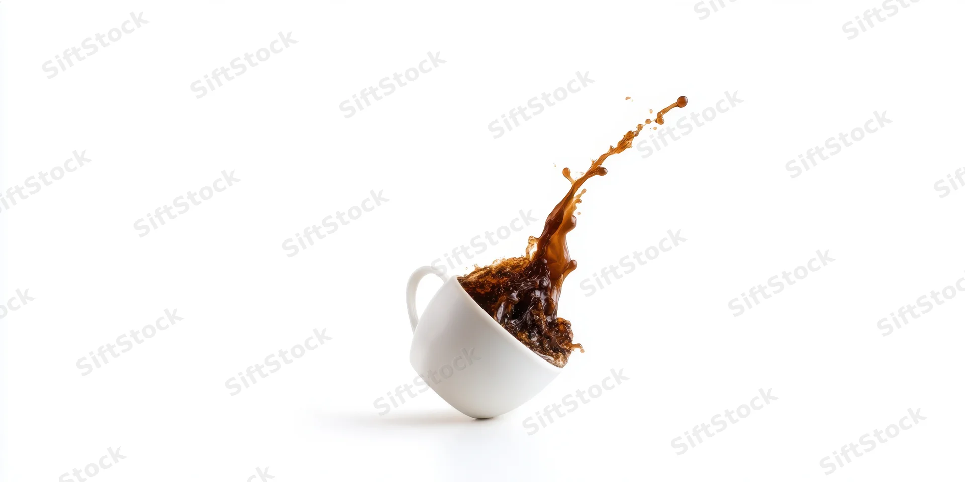 White ceramic coffee cup tilting with dark coffee splashing upward against white background