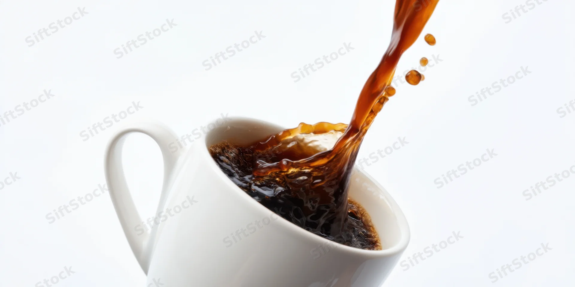 Dark coffee pouring into a white ceramic cup against a plain white background