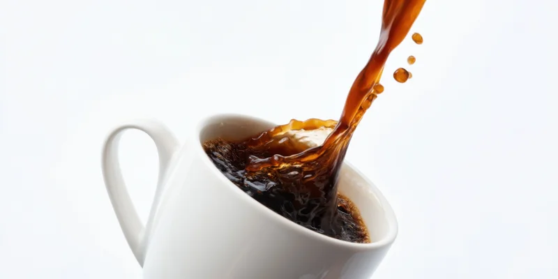 Dark coffee pouring into a white ceramic cup against a plain white background