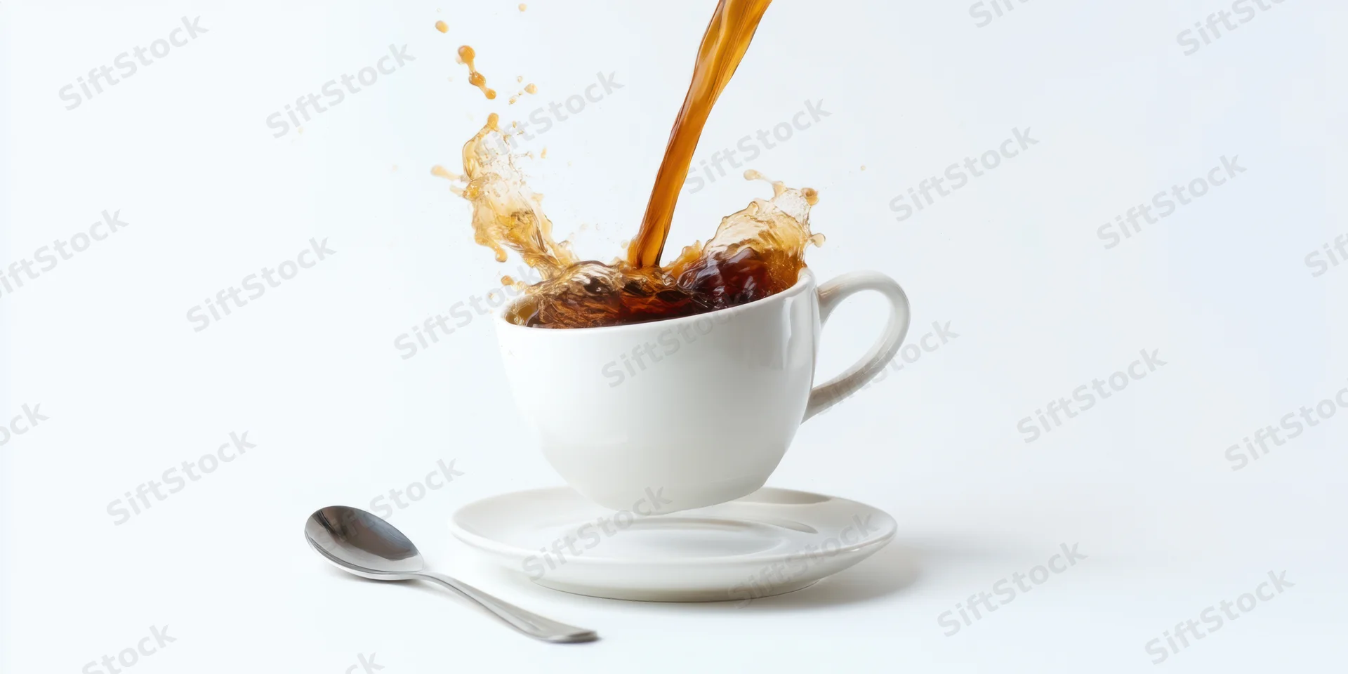 Espresso pouring into a white ceramic cup with splash, saucer and spoon on white background
