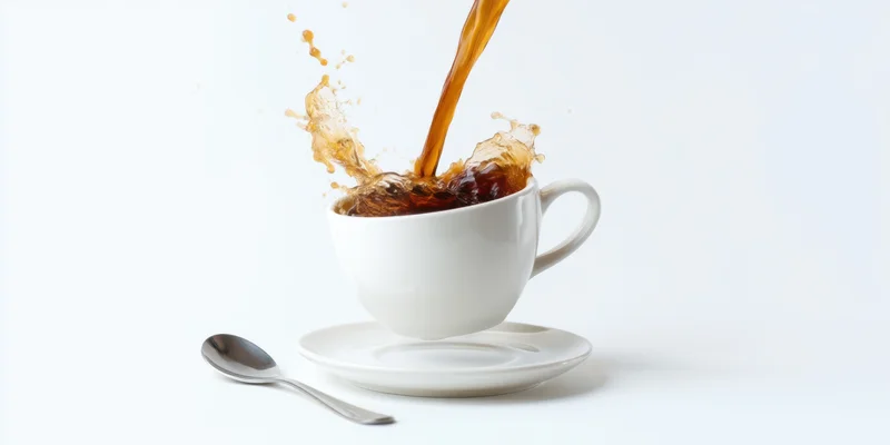 Espresso pouring into a white ceramic cup with splash, saucer and spoon on white background