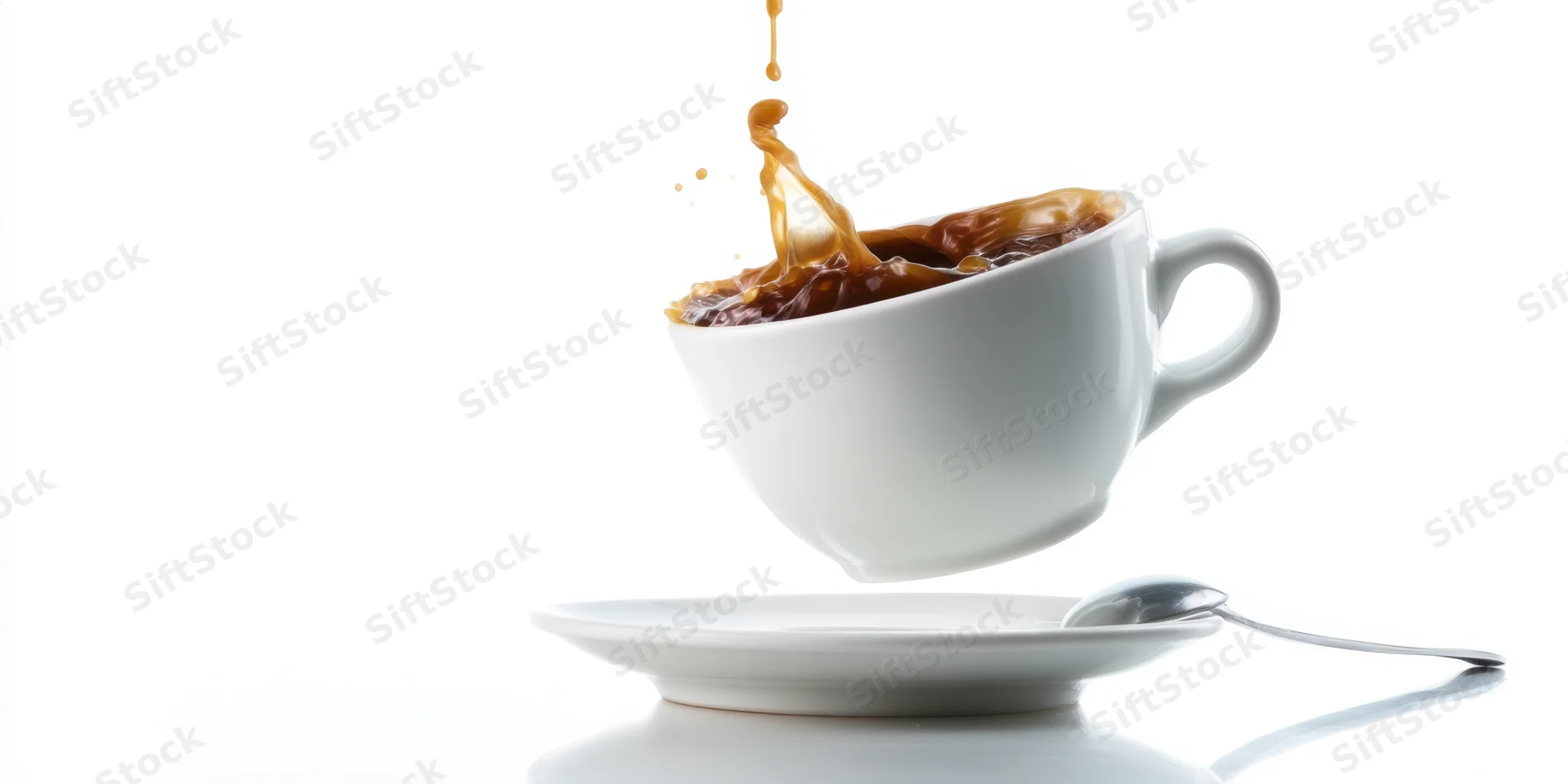 White ceramic coffee cup tilted mid-air with espresso splashing out above saucer and spoon on white background