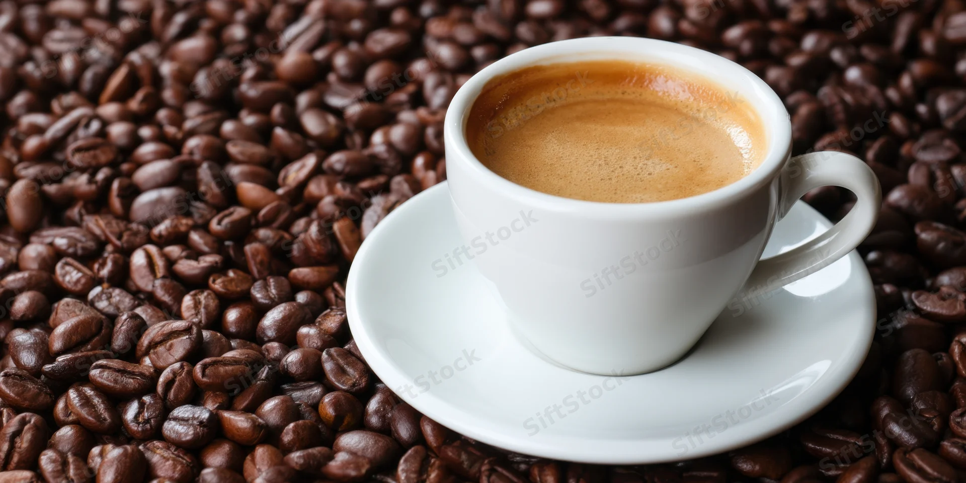 White ceramic coffee cup with crema on saucer surrounded by roasted coffee beans