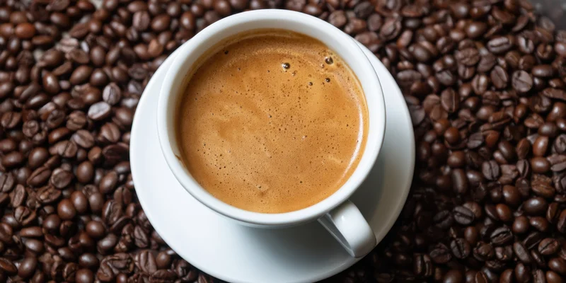 White ceramic coffee cup with crema on saucer surrounded by roasted coffee beans