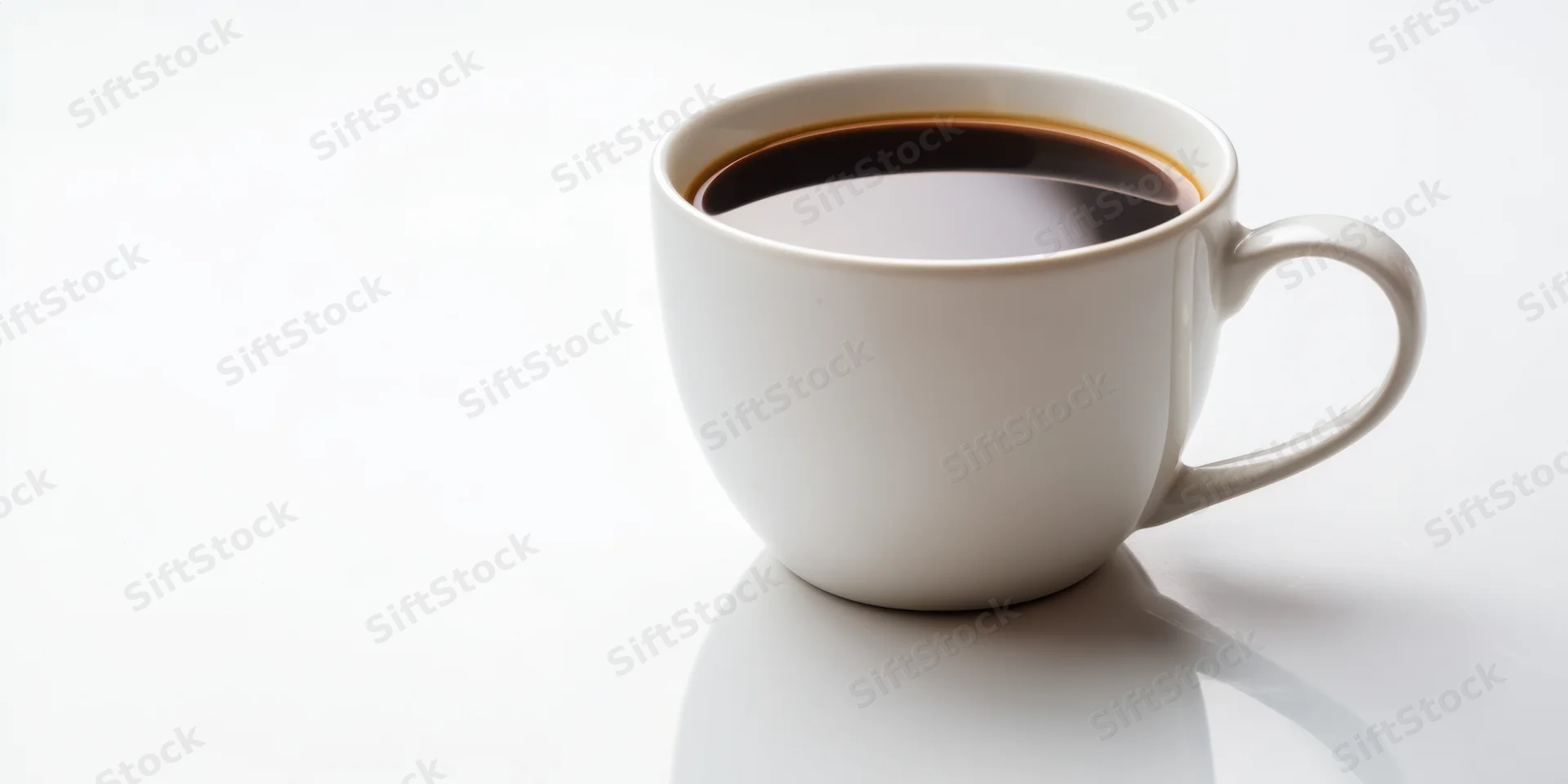 White ceramic coffee mug filled with dark coffee on a reflective white surface