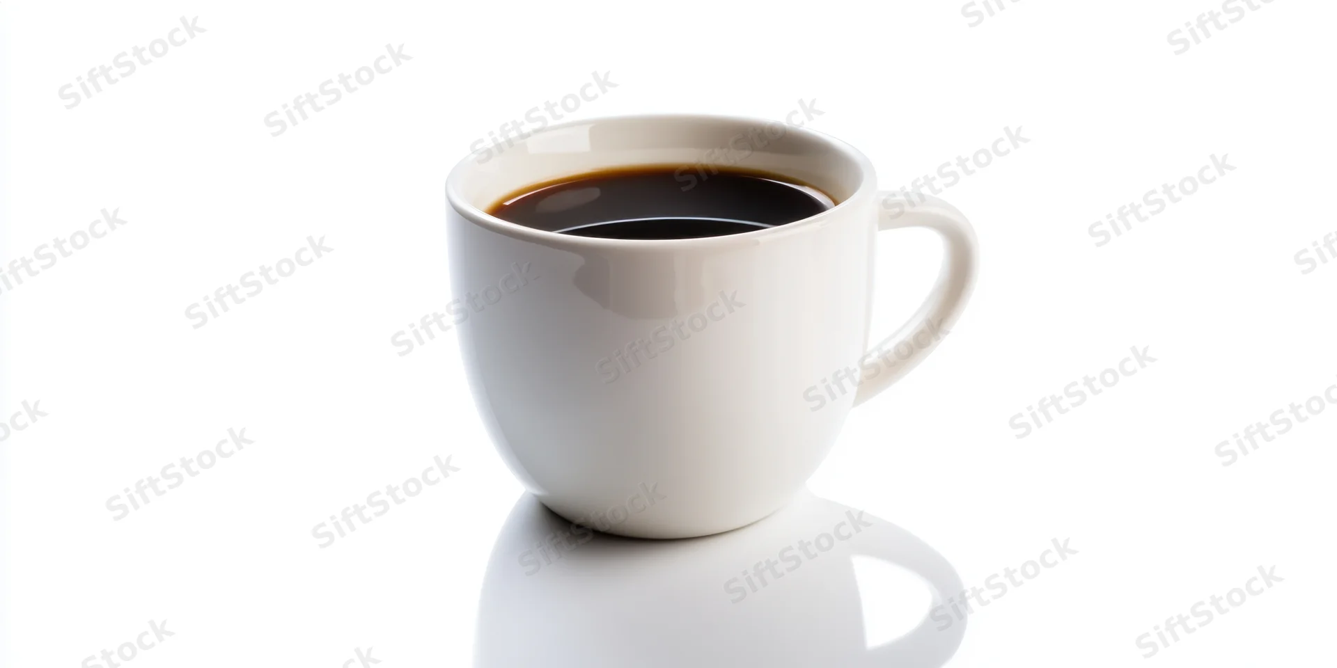 White ceramic coffee mug filled with dark coffee on a reflective white surface