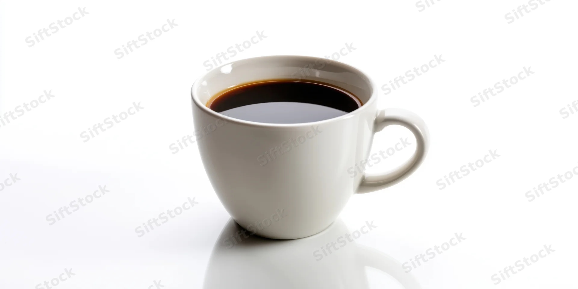 White ceramic coffee mug filled with dark coffee on a reflective white surface