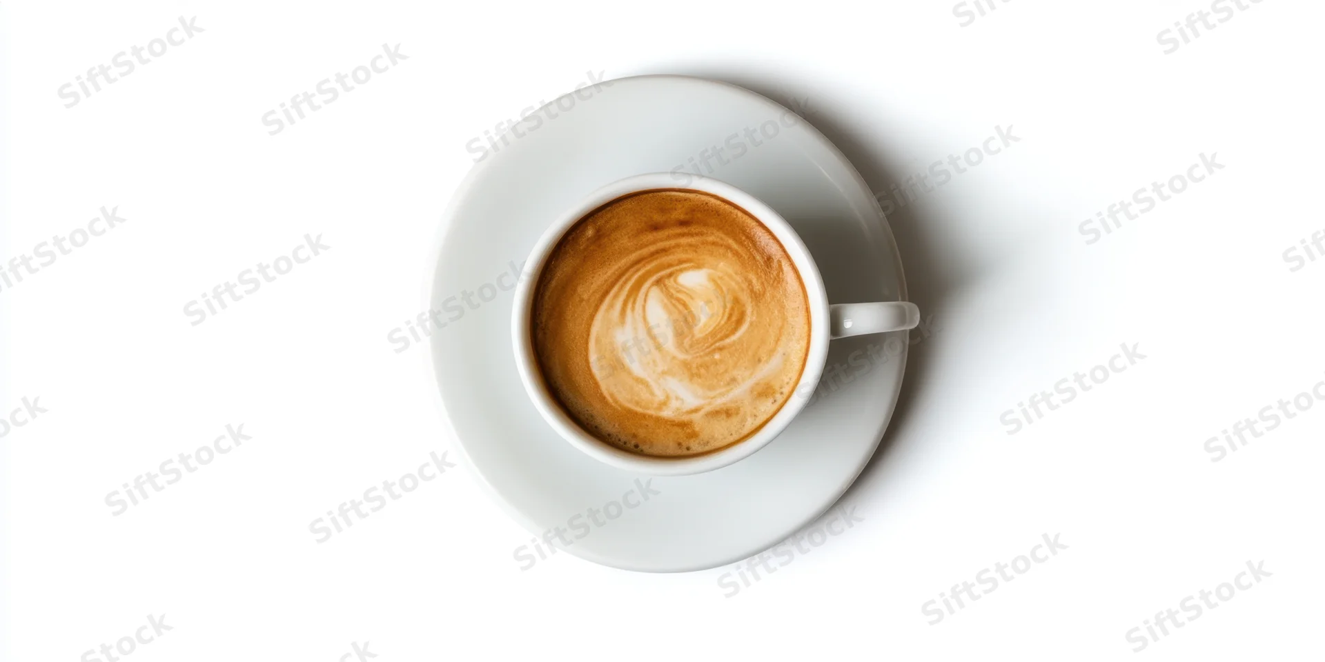 White ceramic cup of latte with rosette latte art on saucer, top view, isolated on white background