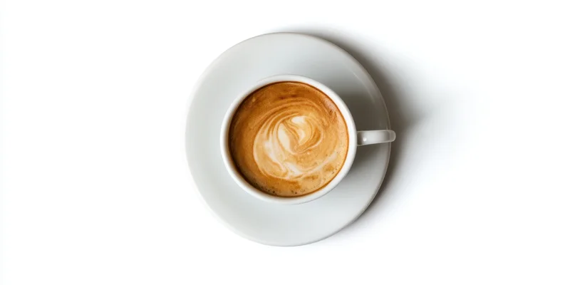 White ceramic cup of latte with rosette latte art on saucer, top view, isolated on white background