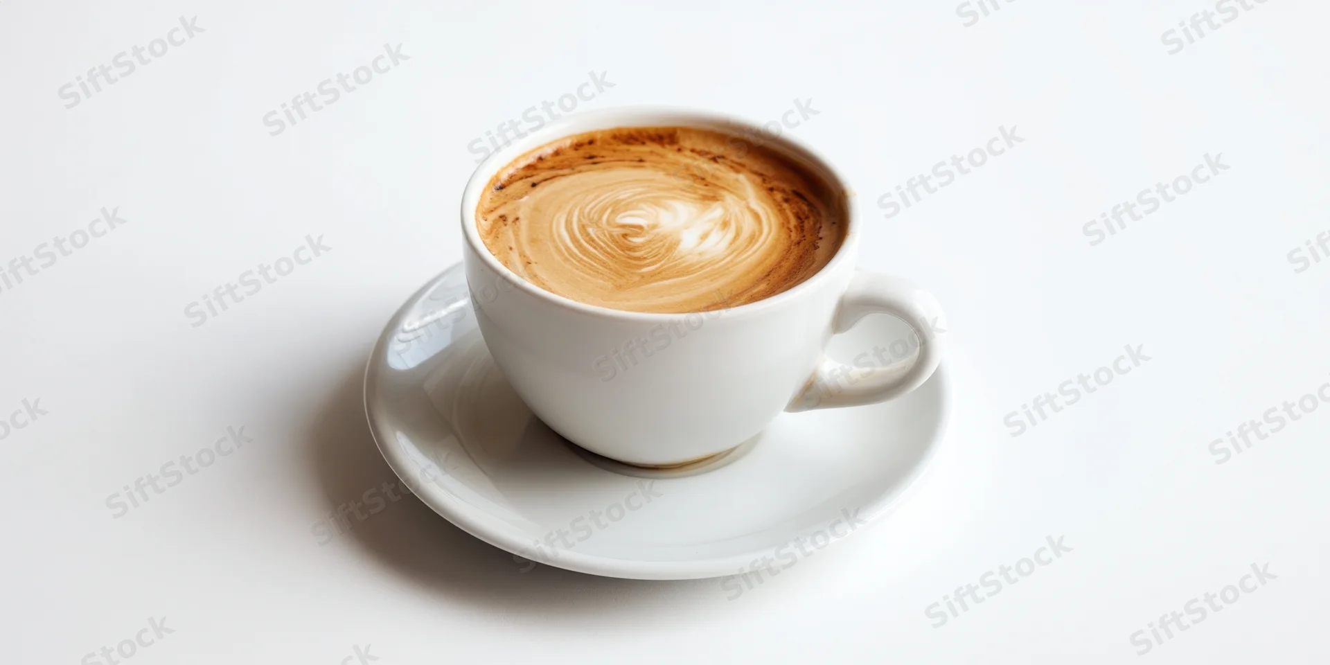 White ceramic cup of latte with rosette foam art on saucer against white background