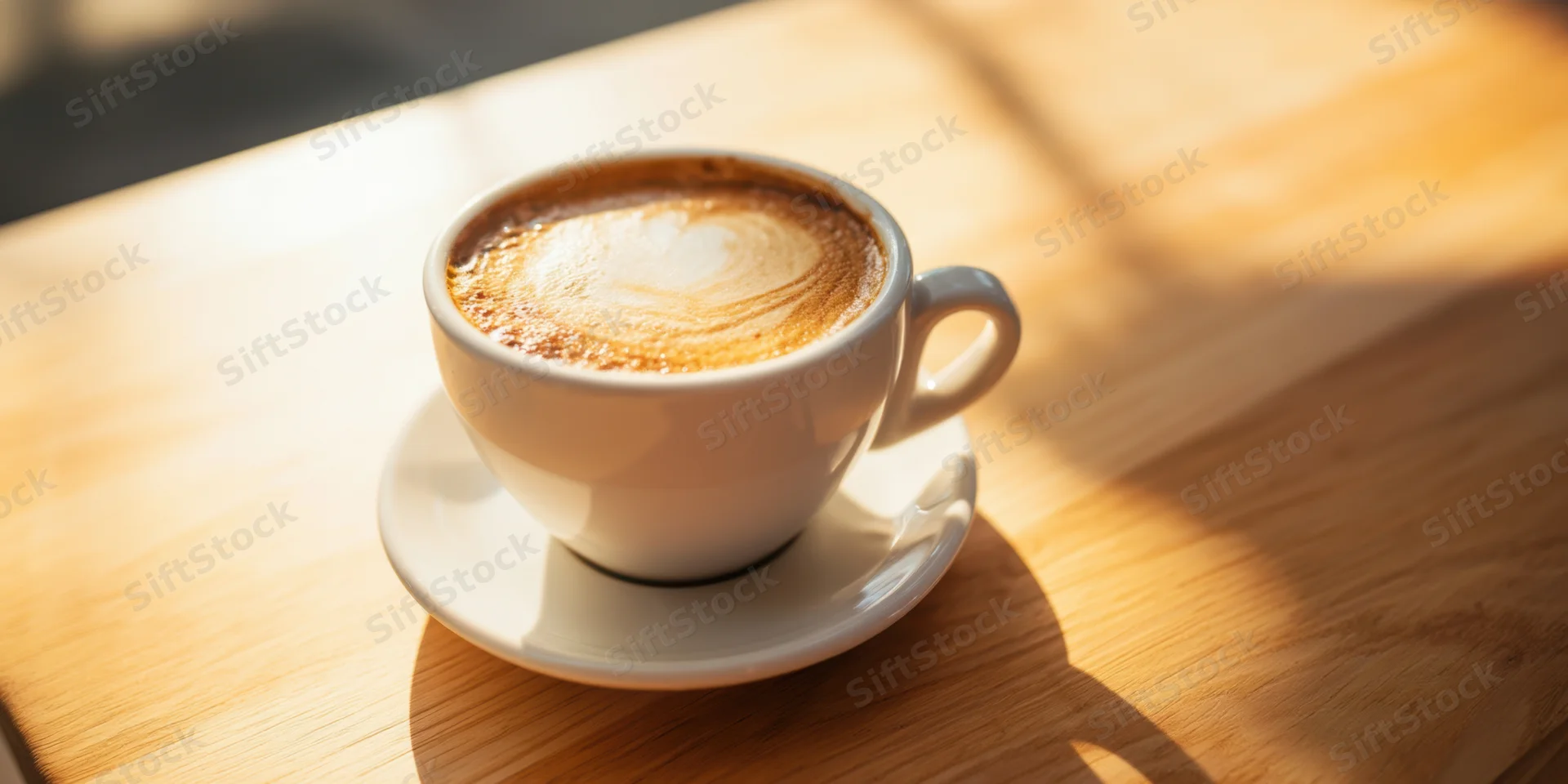 White ceramic cup of latte with heart-shaped foam art on wooden table in sunlight