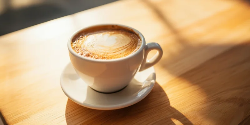 White ceramic cup of latte with heart-shaped foam art on wooden table in sunlight