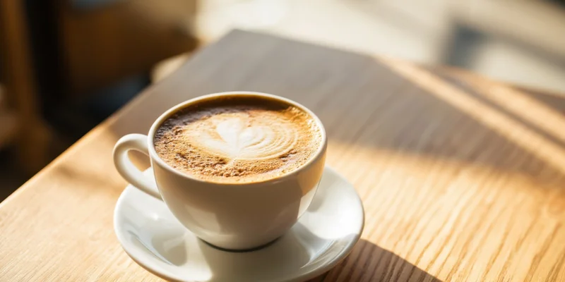 White ceramic cup of latte with heart-shaped foam art on wooden table in sunlight