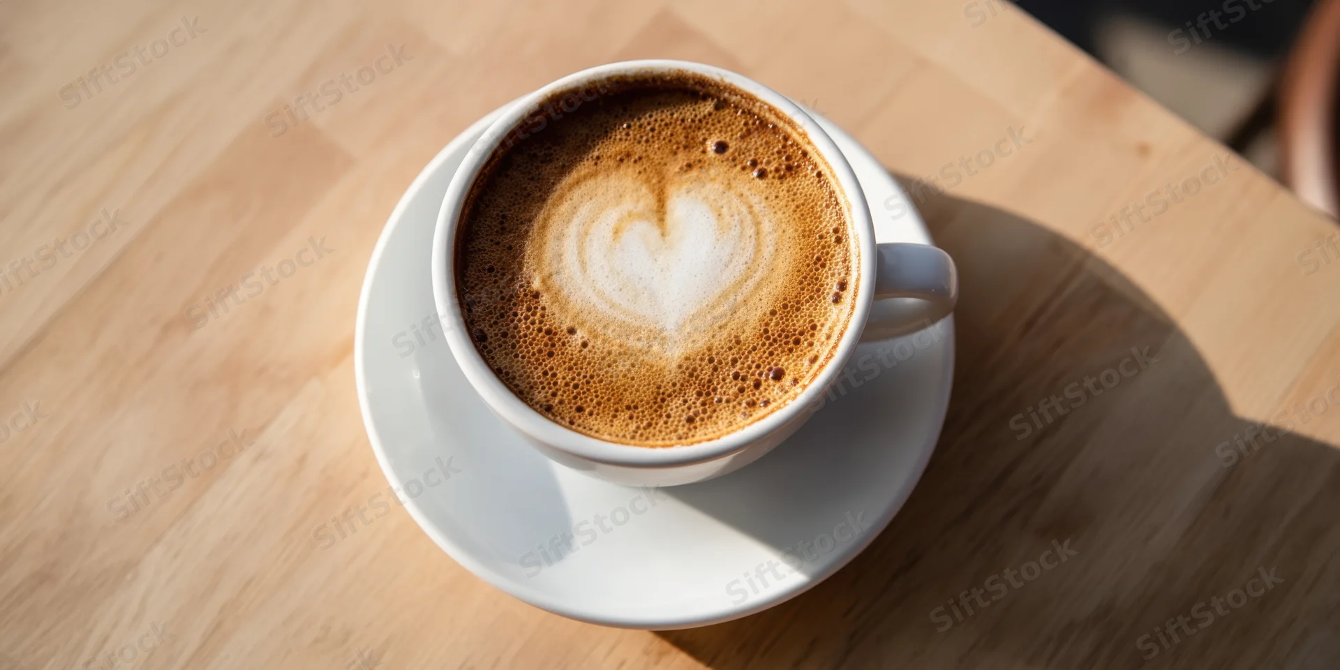 White ceramic cup of latte with heart-shaped foam art on wooden table, top view