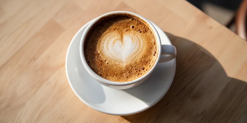 White ceramic cup of latte with heart-shaped foam art on wooden table, top view