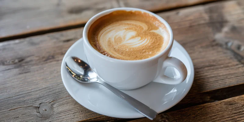 White ceramic cup of latte with heart-shaped foam art on a wooden table with spoon on saucer