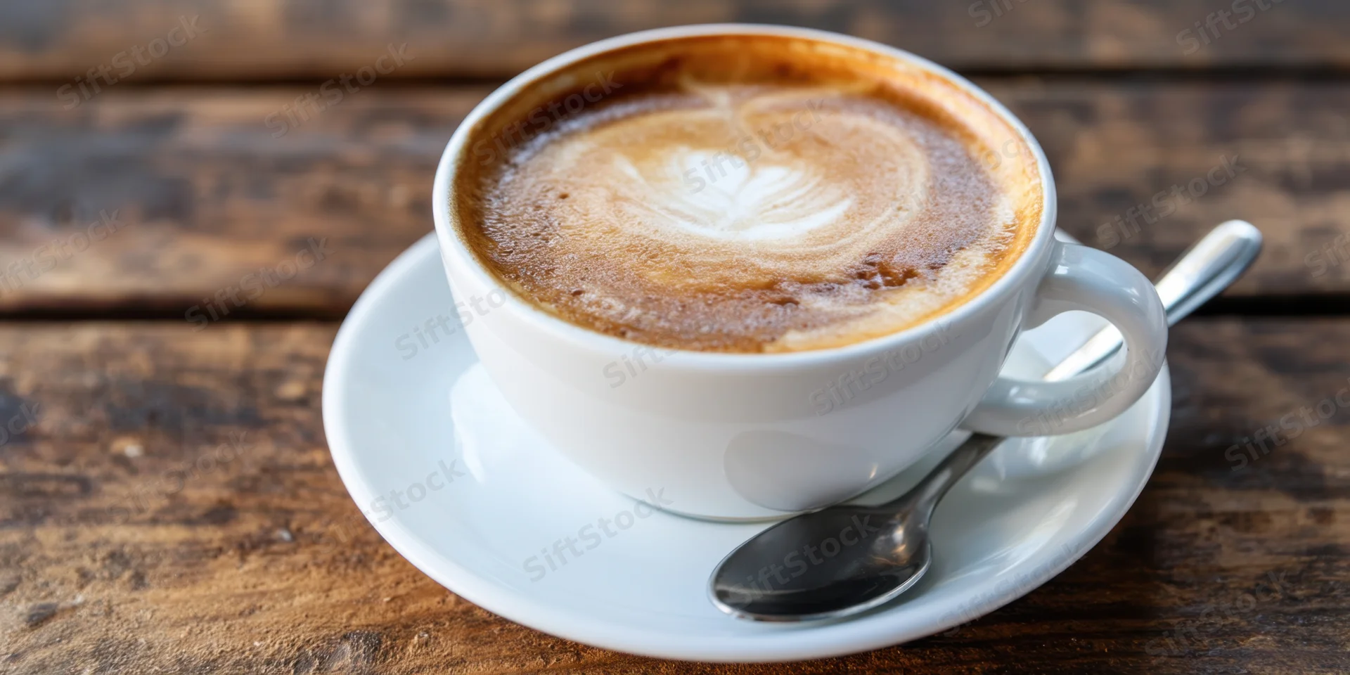 White ceramic cup of latte with heart-shaped foam art on wooden table, spoon on saucer