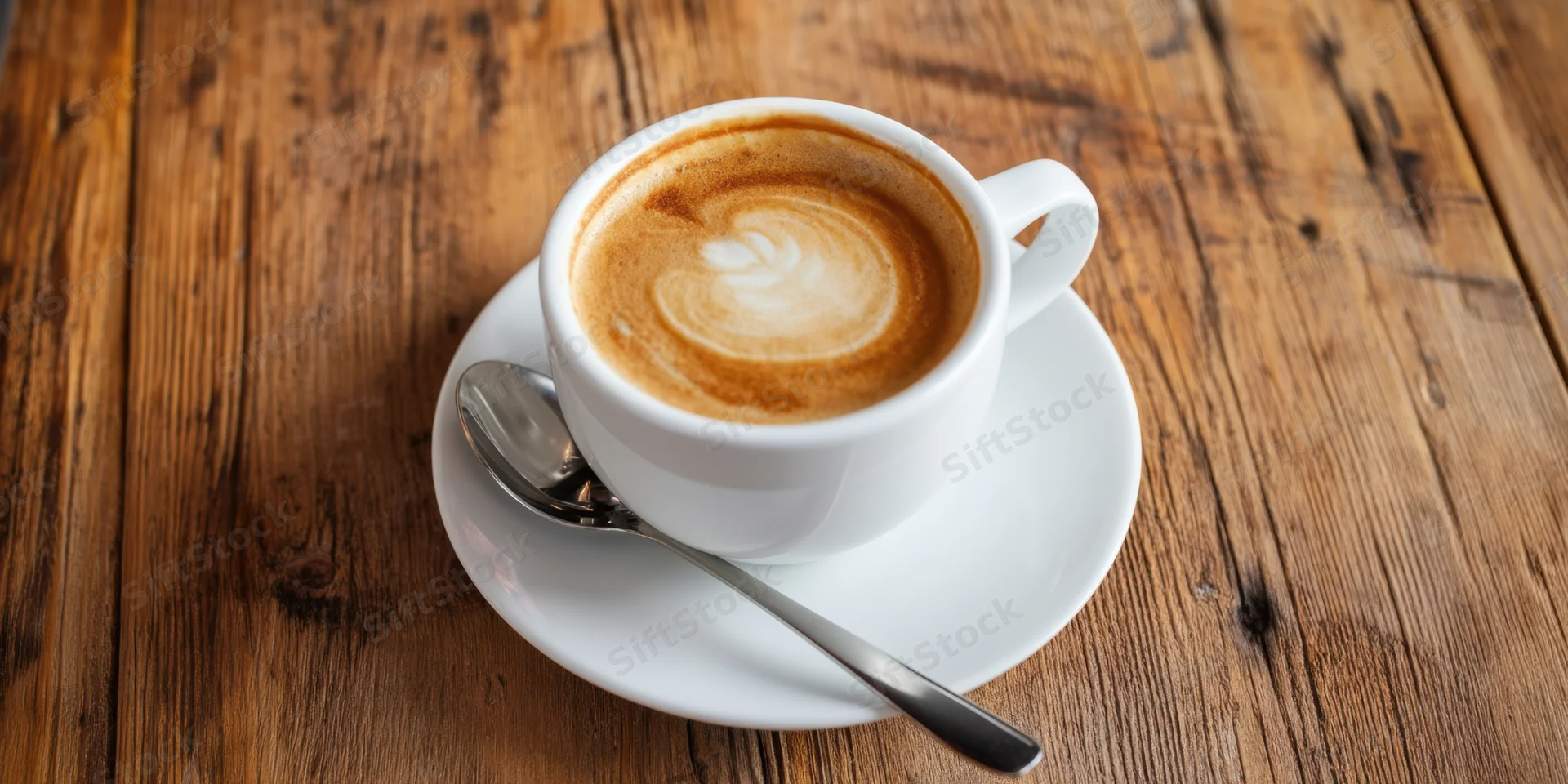 White ceramic cup of latte with heart-shaped foam art on wooden table with spoon and saucer
