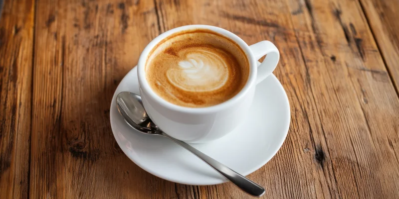 White ceramic cup of latte with heart-shaped foam art on wooden table with spoon and saucer
