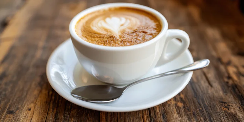 White ceramic cup of latte with heart-shaped latte art on wooden table with spoon on saucer